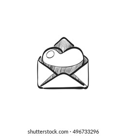 Envelope with heart icon in doodle sketch lines. Love romance receive surprise gift