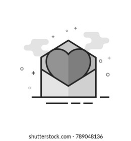 Envelope with heart icon in flat outlined grayscale style. Vector illustration.