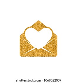 Envelope with heart icon in gold glitter texture. Sparkle luxury style vector illustration.