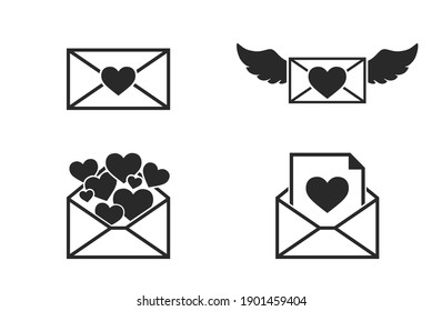 Envelope with heart icon set. Valentines day and love message symbols. isolated vector images