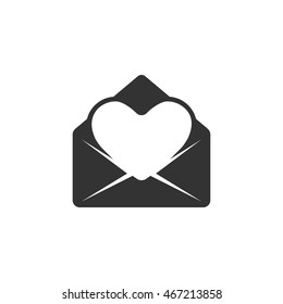 Envelope with heart icon in single grey color. Love romance receive surprise gift