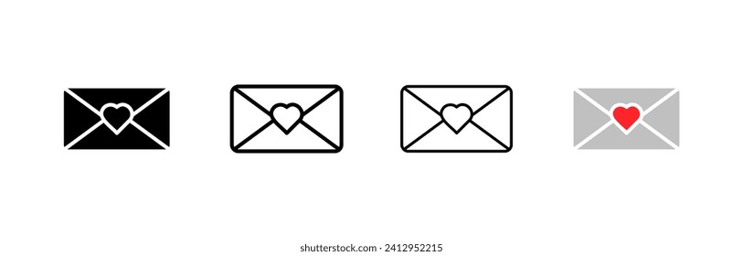 Envelope with heart icons. Different styles, envelope with heart, heart stamp. Vector icons