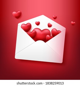 Envelope with heart isolated on red background