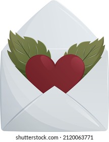 Sobre con corazón y hojas, declaración de amor, invitación, regalo para el día de San Valentín, boda, elementos de vacaciones y stickers
