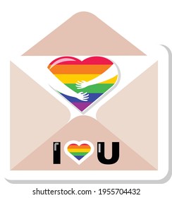 An Envelope with a Heart Letter. LGBTQ+ Symbol In Rainbow Colors. Gay Pride. Raibow Community Pride Month. Love, Freedom, Support, Peace Symbol. Flat Vector Design Isolated on White Background