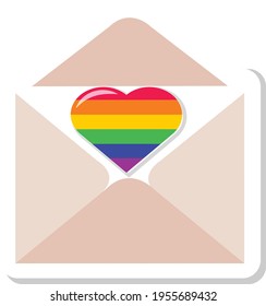 An Envelope With Heart Letter. LGBTQ+Related Symbol In Rainbow Colors. Gay Pride. Raibow Community Pride Month. Love, Freedom, Support, Peace Symbol. Flat Vector Design Isolated on White Background