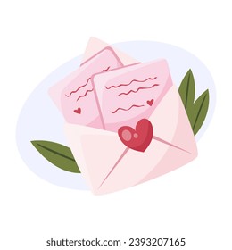 Envelope with heart love letters and green leaves. Vector illustration for Valentine’s Day’s 