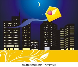 Envelope with heart on the background of night city. Card. Vector