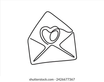 Envelope with a heart one line drawing. Continuous line drawing of paper envelope with  heart. Flying love envelope continuous line.New message or letter sent by email.
