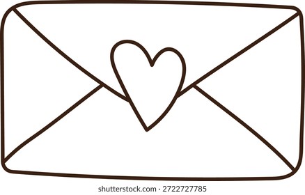 Envelope with heart seal drawn in bold contour, rounded rectangle shape and clean stroke. Symbol of love, romance, message, affection, and note for greeting or wedding. Cartoon vector illustration.