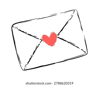 Envelope with heart seal drawn in rough ink lines and hand-drawn texture. Symbol of love message, romance, affection, and communication. Cartoon vector illustration.