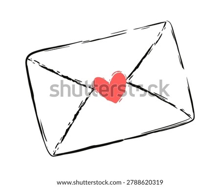 Envelope with heart seal drawn in rough ink lines and hand-drawn texture. Symbol of love message, romance, affection, and communication. Cartoon vector illustration.