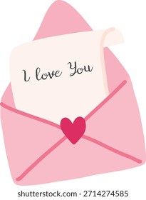 Envelope with heart seal holding note that says I love you, clean shapes and smooth lines. Symbol of romance, affection, confession, and proposal for greeting card. Cartoon vector illustration.