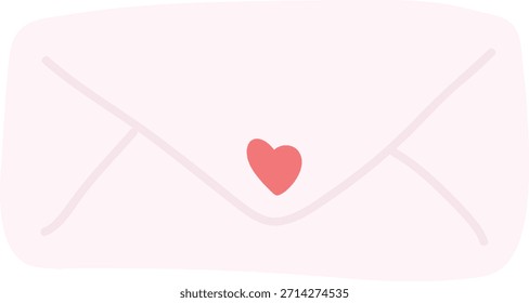 Envelope with heart seal and soft hand-drawn lines, isolated on light background. Symbol of love message, romance, affection, and Valentine greeting. Cartoon vector illustration.
