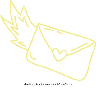 Envelope with heart seal and trailing flame drawn in clean line art. Symbol of love message, fast mail, passion, romance, and urgent communication. Cartoon vector illustration.