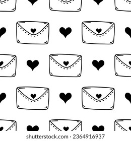 Sobre con patrón vectorial sin costura cardíaca. Carta de amor cerrada, mensaje romántico secreto. Correo para el Día de San Valentín, boda, matrimonio, fecha. Doodle dibujado a mano.Fondo en blanco y negro para impresión, web