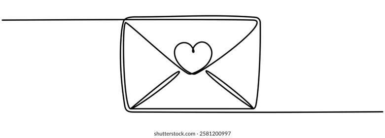 Envelope with heart shape continuous line drawing. Email love message symbol. Valentine's day concept.Vector illustration isolated on white.