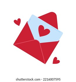 Sobre con una letra de forma cardíaca aislada sobre fondo blanco. Concepto de mensaje de amor. Día de San Valentín, romántica ilustración plana vectorial