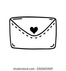 Envelope with heart stamp vector icon. Hand drawn doodle isolated on white. Closed love letter, secret romantic message. Mail for Valentine's Day, wedding, date. Cartoon clipart for print, posters