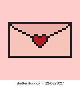 Envelope with heart symbol isolated on pink background. Red heart pixel art. Vector illustration