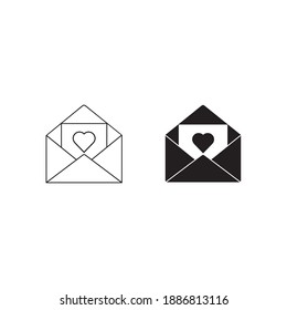 envelope with heart thin line and flet black icon on white background, happy valentine day set