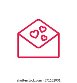 envelope with heart thin line red icon on white background, happy valentine day