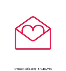 envelope with heart thin line red icon on white background, happy valentine day