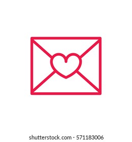 envelope with heart thin line red icon on white background, happy valentine day