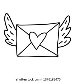 Envelope with heart and wings like Cupid, sending love concept. Valentine's Day. Doodle letter icon symbol simple abstract on red background. vector.