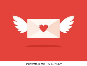 Sobre con el corazón y las alas sobre un fondo rojo. Concepto de carta de amor. Ilustración vectorial en estilo plano