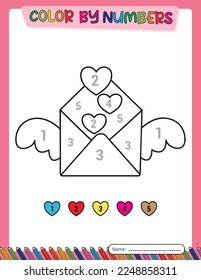 Envelope with heart and wings. Valentine's day. Color by number for kids. Educational games. Activity book. Printable.