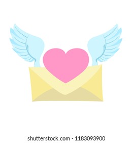 Envelope with heart and wings. Vector illustration isolated on white background. Decorative design element for Valentine's day greeting cards and much more.