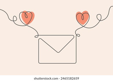 Envelope with Hearts Continuous One Line Drawing. Message love concept. Minimalist Vector illustration