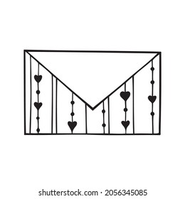 Envelope with hearts. Decoration for Valentine's Day. Doodle sketch, black line.