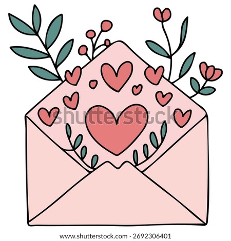 Envelope with hearts flora vector isolated white background