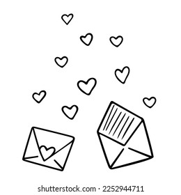 Sobre con corazones, garabato dibujado a mano carta romántica. Sentimientos de amor,diseño festivo Día de San Valentín, dibujar por tinta, pluma, marcador.Aislado.Vector 