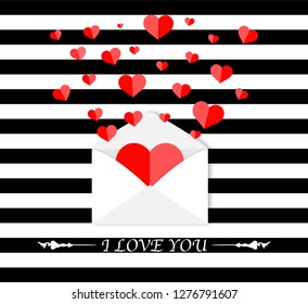 Envelope with hearts inside. Hearts flying out from letter. Love letter concept with open envelope with flying out little red hearts.