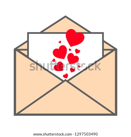 Envelope with hearts inside. Greeting e-mail on Valentine's Day. Open envelope with flying red hearts. Love letter.