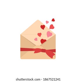 Envelope with hearts isolated on white. Flat cartoon design. Vector illustration