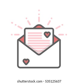 Envelope with hearts and letter thin line icon.