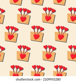 Un sobre con corazones sobre un palo. Patrón vectorial en un estilo plano. Patrón simple y transparente. Antecedentes del Día de San Valentín.