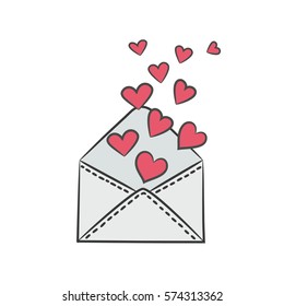 Envelope with hearts on the white background. Design for Valentine's day. Vector illustration.