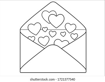 Envelope with hearts. Open envelope with a love message - vector linear picture for coloring. Open Envelope with hearts inside - love letter. Outline. Hand drawing.