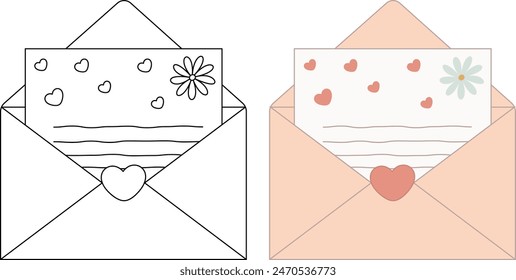 Envelope with hearts outline coloring page. Postal envelope with spring flowers, gentle postcard for a message, congratulations on the spring holiday, birthday, flat pattern, pastel colors.