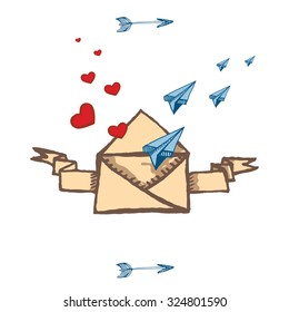 Envelope with hearts and paper planes