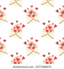 Envelope with hearts seamless pattern. Love letter, Valentine’s Day symbol. Vector isolated on white background. 