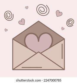 Envelope with hearts and spirals. Vector linear illustration. Postcard for Valentine's Day.