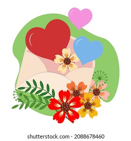 An envelope with hearts and spring flowers on a white background. Decorative element for postcards, greetings, invitations