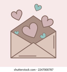 Envelope with hearts. Vector linear illustration. Postcard for Valentine's Day.
