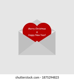Envelope with heart-shaped postcard and greeting or invitation merry christmas. Vector illustrations on a festive theme.